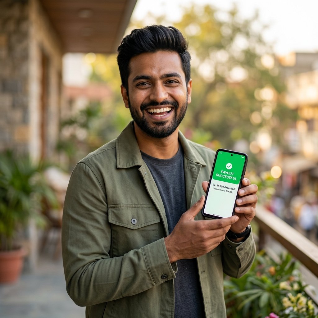 Amit Sharma from Jaipur holding smartphone with payout successful screen