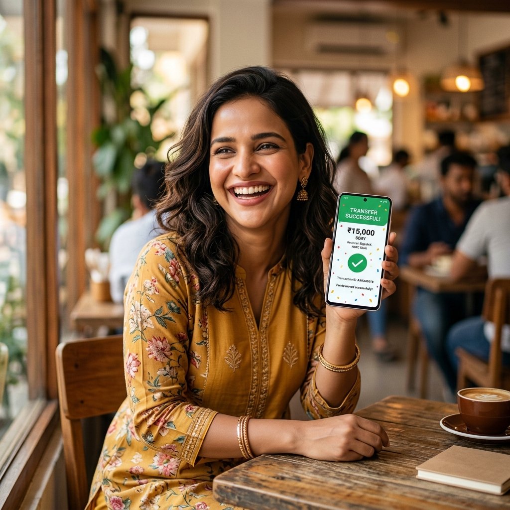 Priya Patel from Ahmedabad holding mobile banking success notification