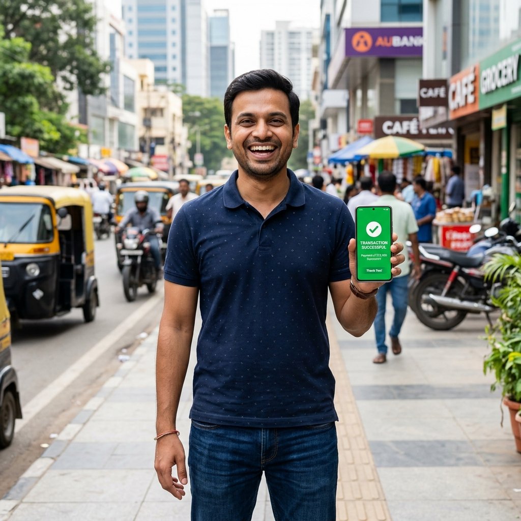 Rahul Verma from Delhi celebrating victory with mobile transaction confirmation